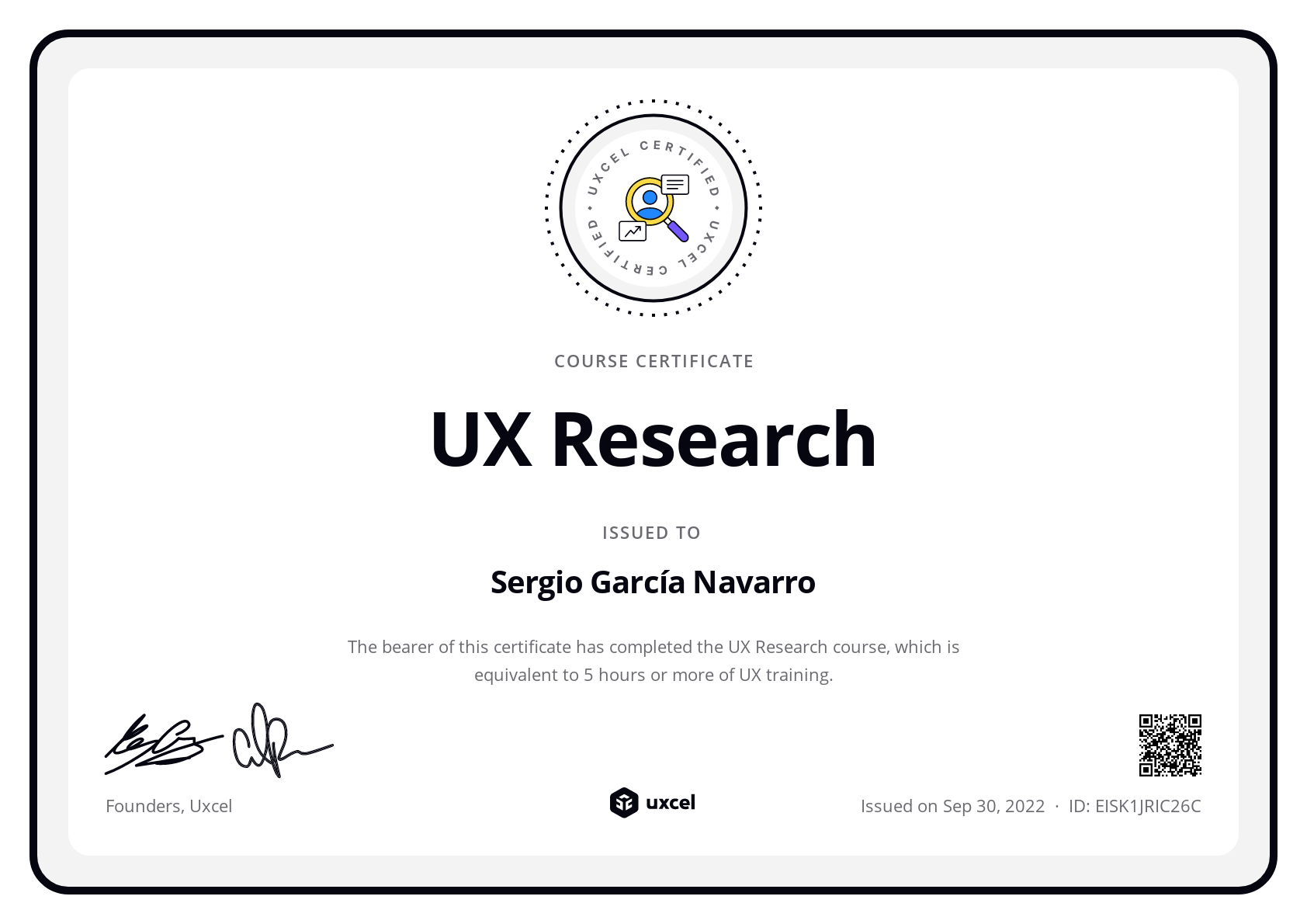 Sergio García Navarro's certificate